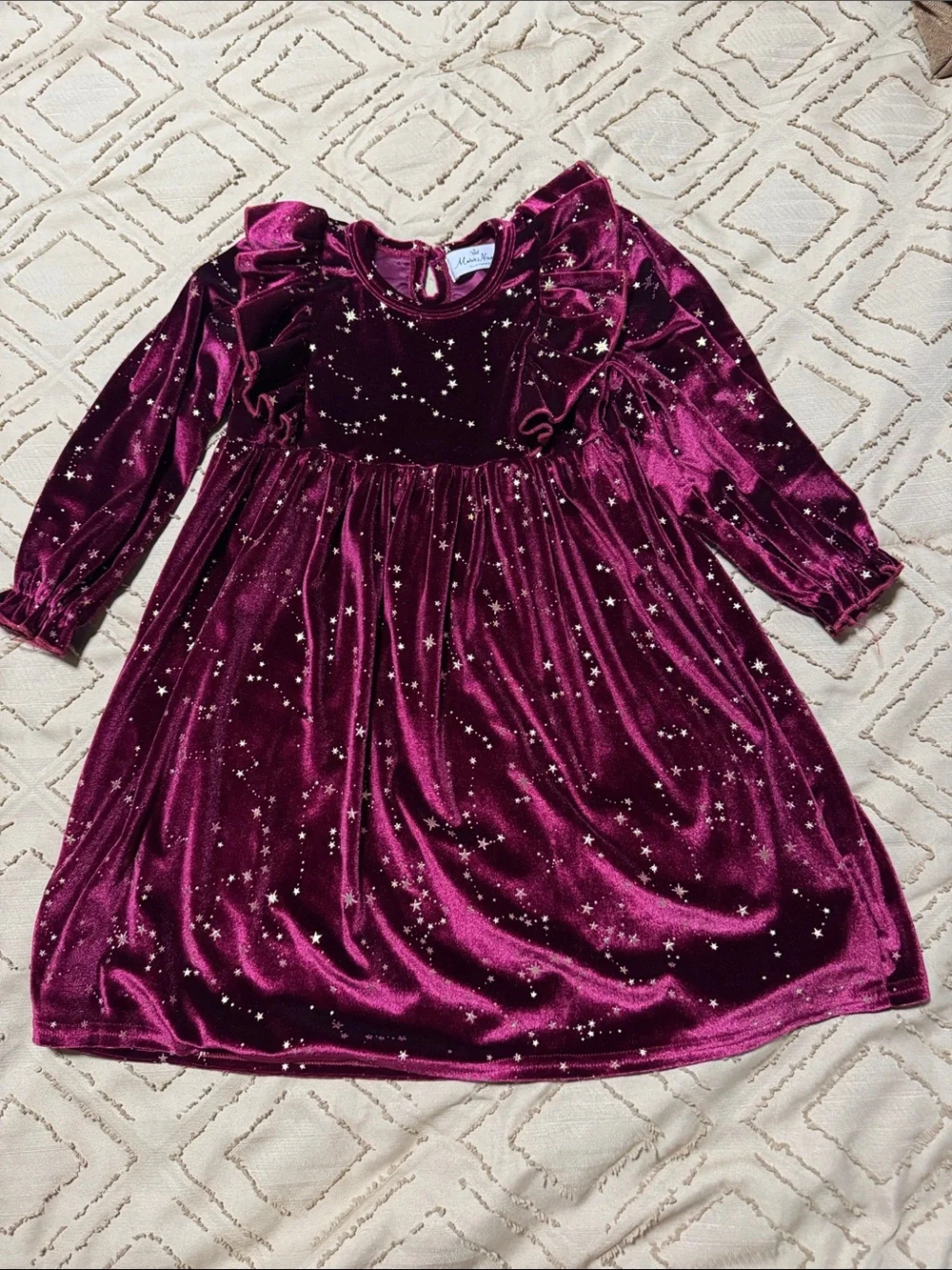 Girls Velvet Star-Accent Party Dress - Wine